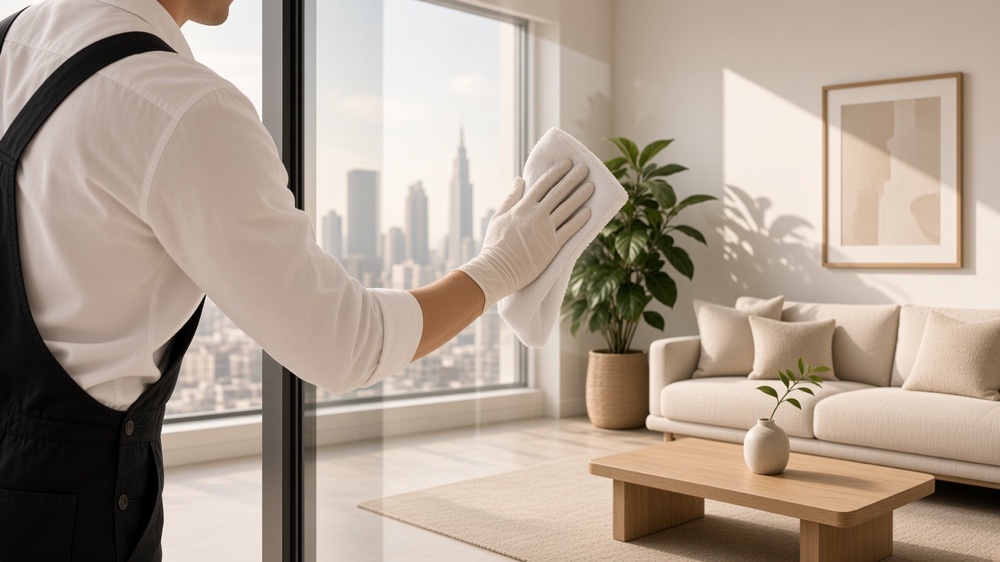 CHERRY cleaner in white shirt and black overalls carefully polishing a glass door in a bright home