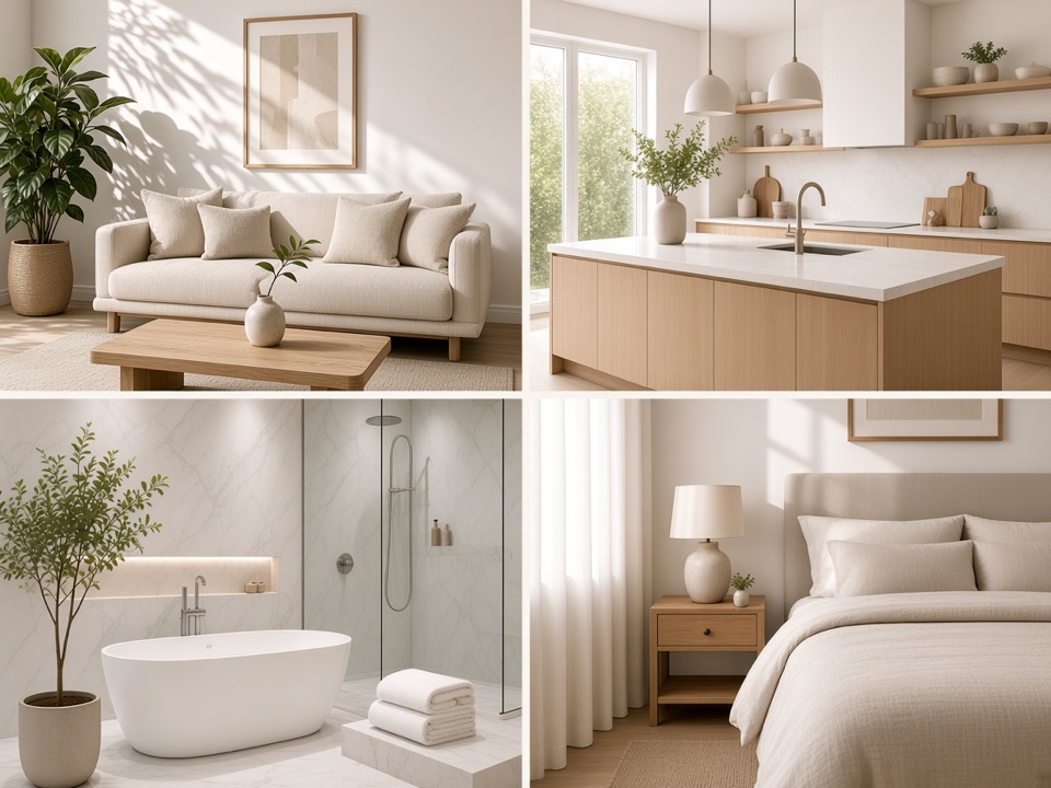 Collage of clean living room, kitchen, bathroom, and bedroom spaces